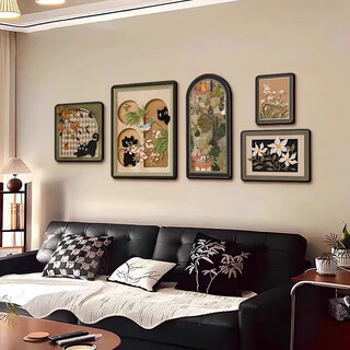 Kezhi mid-century style living room decorative painting french retro sofa background wall hanging painting high-end niche art combination mural a 30*30/4060/2560/2030/4030 textured film elegant black frame pvc (gold frame remarks)