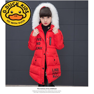 G.duck shopping mall's same style winter cotton-padded jacket, korean style slim-fit down cotton-padded jacket for girls, mid-length thickened large fur collar cotton-padded jacket, letter cotton-padded jacket red, letter-padded jacket, size 140, recommended height within 130-135 cm