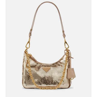 Prada luxury women's re nylon sequined shoulder bag gold one size