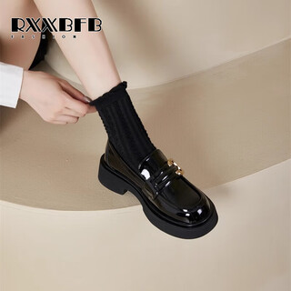 Rxxbfb thick-soled loafers for women 2025 autumn and winter new style versatile japanese jk uniform single shoes with skirt soft-soled small leather shoes black glossy 37 (235mm)