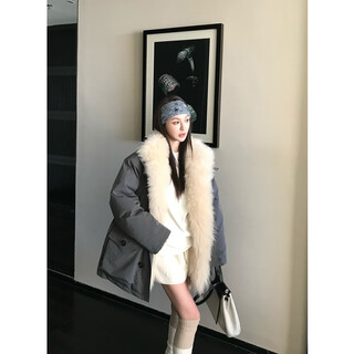 Coco limited one-piece, two-wear original three-proof fur collar jacket, charcoal gray s