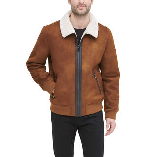 Dkny men's faux shearling bomber jacket faux suede lined plush collar brown xs
