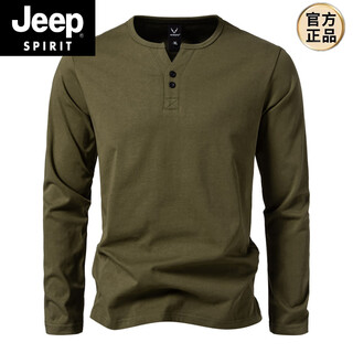 Jeep spirit 300g heavy cotton large size slim henley collar long-sleeved t-shirt men's spring and autumn solid color sports fitness t-shirt military green l