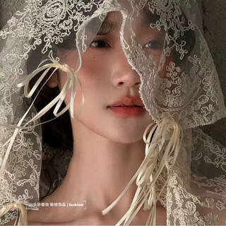 Zi jiafu new french bridal veil super fairy lace bow ribbon headdress feeling wedding dress travel photography accessories veil beige