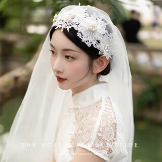 Zi jiafu retro republic of china style lace pearl soft veil headband hat-style wedding proposal new chinese cheongsam dress head accessories yunjin lace headband veil about 80 60cm-80cm