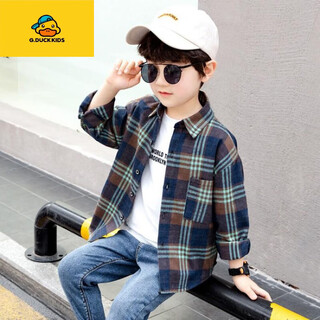 G.duck boys' plaid shirt 2026 new spring long-sleeved children's trendy top boys handsome and stylish spring and autumn coat shirt navy blue plaid shirt 110 number (suitable for height around 100cm)