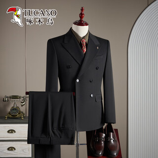 Woodpecker double-breasted wool suit men's suit business formal high-quality slim large size groom's wedding suit three-piece black suit + trousers xl (125-140jin jin equals 0.5 kg)