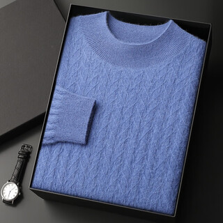 Ordos city-made autumn and winter thickened and warm pure cashmere sweater for men, fashionable and versatile jacquard bottoming knitted sweater, ribbon blue xl