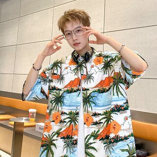 Qingyimang vacation short-sleeved shirt for men's summer new beach and seaside floral shirt loose and thin hawaiian wind speed drying jacket color hawaiian xl recommended 125-140 jin jin equals 0.5 kg
