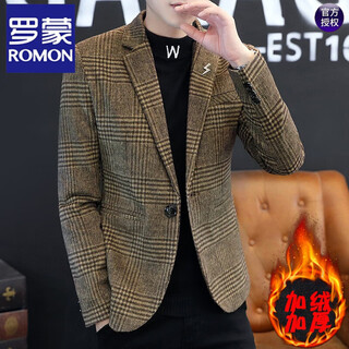 罗蒙（ROMON）秋冬季加厚呢子西服男士韩版潮流修身格子单西休闲毛呢小西装外套 210卡其色 加绒 L