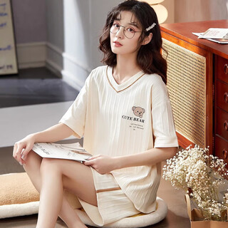 
Luechen pajamas for women in summer cute student Korean version short-sleeved pants thin two-piece suit spring and autumn large-size home clothing brown: GXT6630 picture color M (recommended 75-95Jin [Jin equals 0.5 kg])
