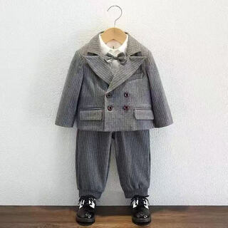 霖贝熊宝宝周岁礼服男童生日衣服抓周服小西装1-5岁幼童洋气主持人礼服 灰条纹（外套+马甲+衬衫+长裤+领结） 90 20-26斤