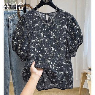 Sibaishe floral shirt 2026 summer new women's round neck lace-up short-sleeved pullover sweet temperament top black bottom with white flowers 3xl