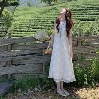 Guiqi sleeveless dress for women summer 2025 new style french camisole dress small loose printed long skirt apricot l (recommended 100-115 jin jin equals 0.5 kg)