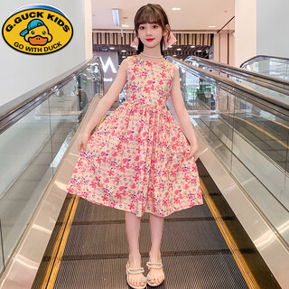G.duck medium and large girls dress summer 2025 new children's pure cotton floral sleeveless vest skirt western style cotton skirt rose pink 120 cm