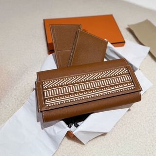 Second-hand 99 new hermes (hermes) golden brown three-in-one long wallet c-engraved accessories box felt