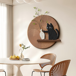 Restaurant decorative painting, light french cream style, funny cat, dining room table wall mural, antique style living room hanging painting, meow is indescribable, 40*40cm + comes with simulated green plants, exquisite carving + ordinary style does not emit light