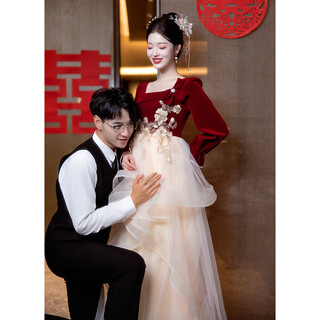 Red maternity toast dress large size fat mm bride engagement dress high waist cover belly wedding dress back door usual burgundy long sleeve f0233 xs