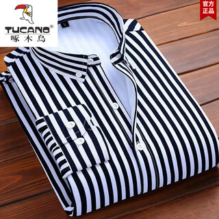 啄木鸟（TUCANO）纯棉冬季保暖衬衫男加绒加厚长袖条纹格子修身男装休闲白衬衣外套 黑色H16 加绒保暖 L 建议105-120斤