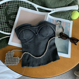 Banfishi fashion hot girl retro color denim tube top women summer 2023 new sweet cool versatile one-shoulder navel short top black s