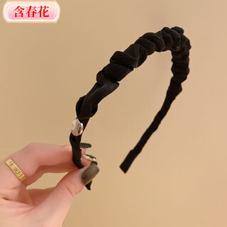 Women's 2025 new retro elegant temperament headband pressed hair headband with spring flowers and light luxury streaming folded thin hairband - black