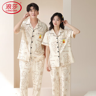 Langsha couple pajamas for one man and one woman, summer pure cotton thin section 7a antibacterial and anti-mite short-sleeved trousers, cardigan, casual home wear 6229 xl female + 3xl male