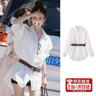 Jioesc white irregular lapel shirt dress with belt 2025 new hot girl design long-sleeved shirt dress for women white (high quality with belt) m