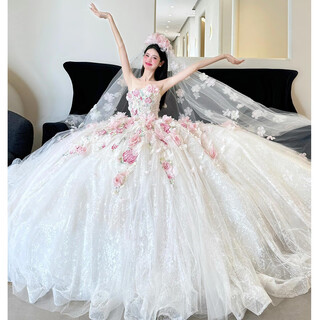Tubeless main wedding dress bride 2025 new style petite fugitive princess wedding veil light pink flower dress three-dimensional flower floor-length style (comes with veil skirt support s