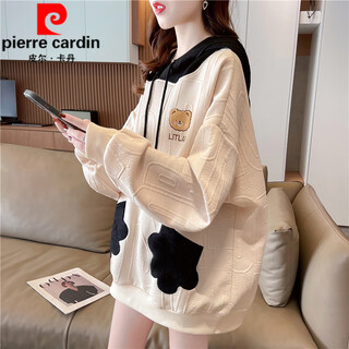 Pierre cardin mid-length butt-covering sweatshirt for women spring and autumn 2025 new loose korean design niche tops and jackets trendy apricot (thick velvet) l (suitable for 111-140 jin jin equals 0.5 kg)