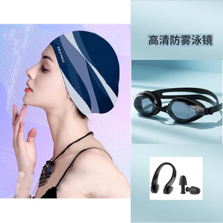 Chuangjingyi chooses silicone swimming cap for women, plus size, waterproof, non-stretching, long hair, fashionable and comfortable, ear protection, adult women's swimming cap, luyang silicone swimming cap + swimming goggles + nose clip earplugs (set
