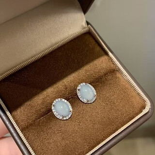 S925 silver blue water jade earrings oval light bulb new chinese style high-end niche design earrings