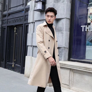 Byphytee young men's long over-the-knee windbreaker autumn new coat jacket men's korean version slim british mid-length windbreaker khaki m