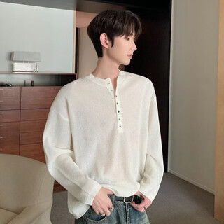 Digada american retro henry collar thin slightly see-through sweater for men autumn loose outer wear versatile long-sleeved t-shirt top thfs-k139 white l