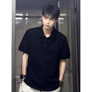 Cotton snow short-sleeved polo shirt for men in summer, high-end, handsome lapel t-shirt, trendy, simple and versatile, american style five-point t-sleeve, simple casual polo shirt, black 2xl 165-172cm