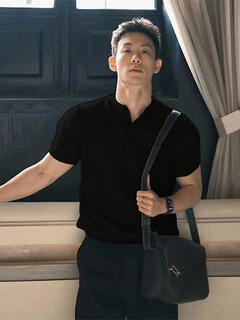 Yingtang training right shoulder short-sleeved polo shirt men's handsome high-end henry collar t-shirt showing muscle fitness half black xl