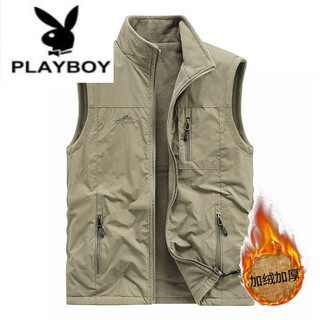 Playboy (playboy) pure cotton vest men's spring and autumn thin section middle-aged and elderly outdoor leisure fishing vest quick-drying vest vest double-sided velvet khaki xl