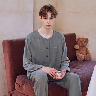 American standard spring and autumn new long-sleeved couples pure cotton pajamas set women's cotton can be worn outside double-layer cotton gauze home clothes winter men's gray (double-layer cotton gauze) 2xl