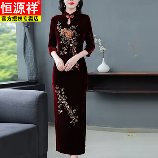 Hengyuanxiang gold velvet embroidered spring and autumn wedding cheongsam long dress mother-in-law slim and noble temperament slit dress burgundy elegant temperament xl recommended 109-119 jin jin equals 0.5 kg