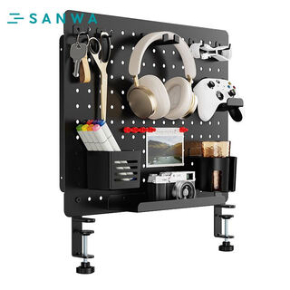 SANWA SUPPLY 洞洞板置物架 手柄架 耳机支架 配件收纳架 办公桌面屏风隔断架 钢制 夹桌式免打孔 黑色