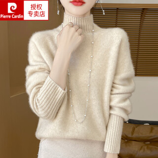 Pierre cardin 100% pure wool sweater thickened turtleneck bottoming shirt for women 2025 autumn and winter new style loose large size knitted sweater raw velvet rice m (90-105jin jin is equal to 0.5kg)
