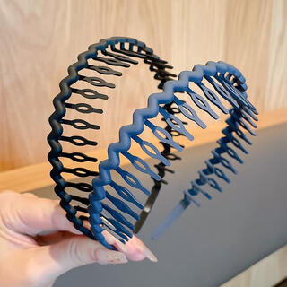 Chansunrun black headband for face washing, special invisible face wash headband, anti-slip and anti-fall headband, hair tie with teeth, anti-slip hairpin, wavy black navy blue 2-piece set-headband