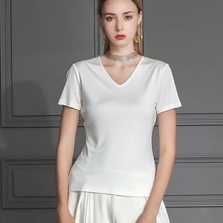 Anxiang Silk Thread 38 Mmmi Double-sided Knitted Silk V-neck waist-closing to make it look slim and soft four-sided elastic short-sleeved mulberry silk T-shirt B683 beige XL