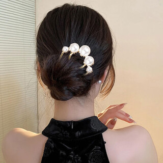 Yingtang ball hair artifact pearl four-tooth insert comb hair comb insert u-shaped fixed hairpin into the back of the head metal hairpin platinum large pearl/four teeth