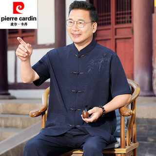 皮尔卡丹（PIERRE CARDIN）高端爸爸夏季套装2025新款爷爷短袖新中式国风唐装男中老年人冰丝 藏青色套装【上衣+长裤】 S 165/3890-115斤