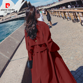 Pierre cardin (pierre cardin) ancola red windbreaker women's mid-length version spring and autumn 2025 new british small wedding bridal coat jacket burgundy l (120-140jin jin equals 0.5kg)