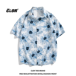 Clor american ice silk shirt men's spring and autumn printed short-sleeved shirt loose jacket clcx11 blue rhyme flower 2xl