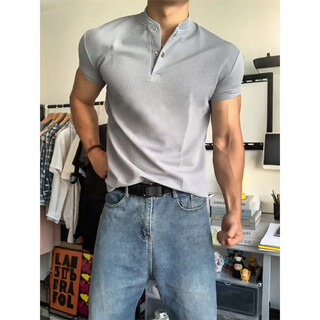 Kennedy henry collar short-sleeved polo shirt men's light gray waffle t-shirt bottoming shirt showing muscle fitness american retro henry collar short-sleeved light gray 2xl 170-178cm