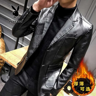 Playboy leather jacket men's spring, autumn and winter new leather jacket jacket for young and middle-aged men and women's suit plus velvet thickened pu leather jacket motorcycle suit 1920 black without velvet m /165 (90-115jin jin is equal to 0.5kg)
