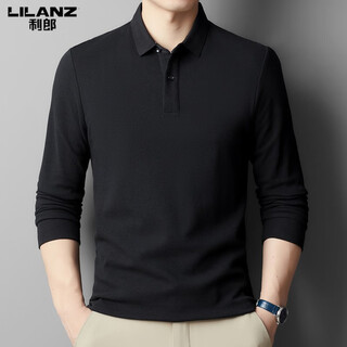 Lilang pure cotton 2025 new t-shirt long-sleeved men's lapel spring and autumn middle-aged t-shirt casual solid color polo shirt black xl (175)