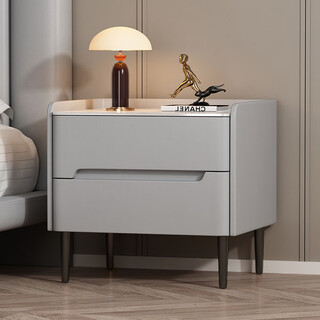 向向锦鲤全实木床头柜轻奢岩板储物柜卧室简约现代床边柜皮质小户型收纳柜 【浅灰色】整体实木款 宽50*深40*高48CM
